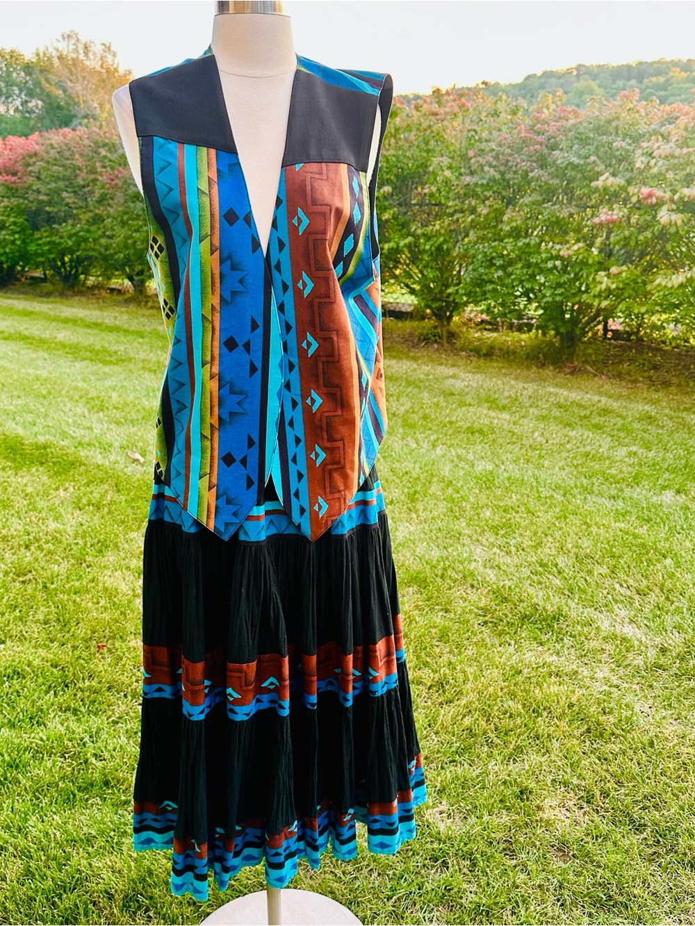 Red Rock Reflections Vintage Southwestern Vest & Tiered Broomstick Skirt